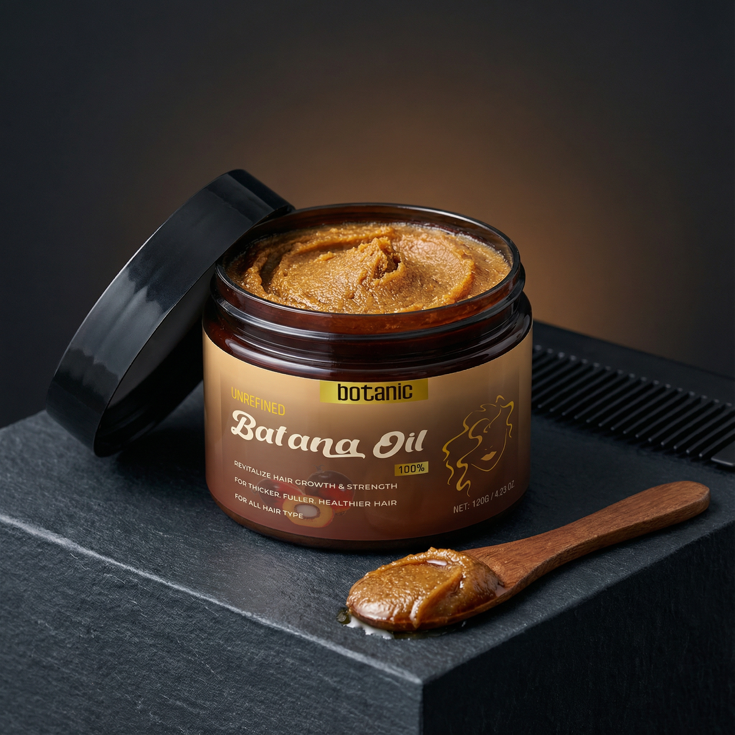 Jar of Botanic Batana Oil with a wooden spoon on a dark surface